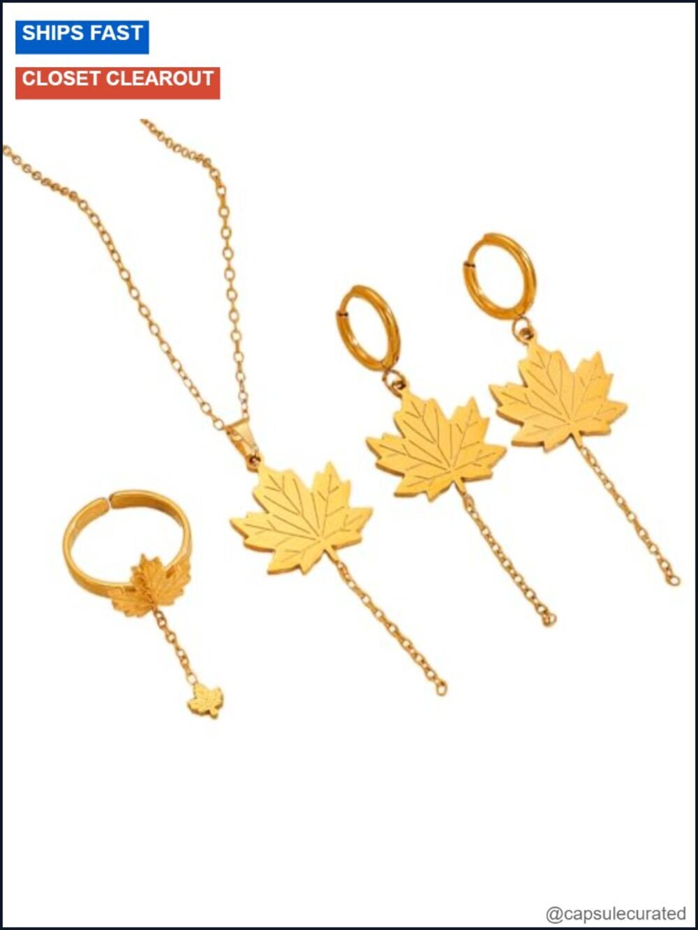 3-Pc Maple Leaf Fringe Tassel Jewelry Set with Necklace Earrings Ring,